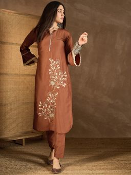 INDDUS - Rust Silk Blend Embroidered Kurta with Pant
