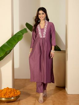INDDUS - Pink Silk Blend Embroidered Kurta with Pant