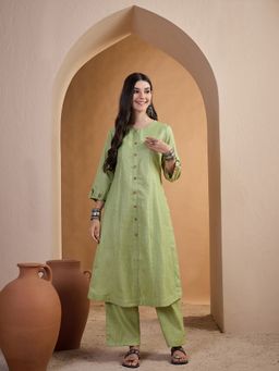 INDDUS - Green Linen Blend Floral Kurta with Palazzo