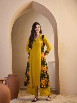 INDDUS - Mustard Silk Blend Floral Kurta with Palazzo