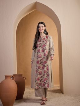 INDDUS - Beige Linen Blend Floral Kurta with Palazzo
