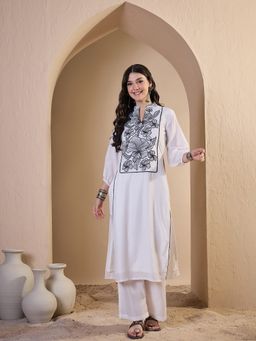 INDDUS - White Silk Blend Embroidered Kurta with Palazzo