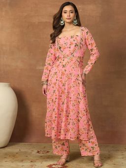 INDDUS - Peach Georgette Floral Kurta with Palazzo