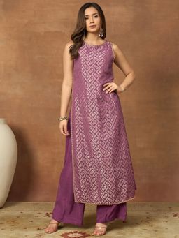 INDDUS - Purple Silk Blend Floral Kurta with Palazzo
