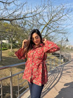 Anastay Clothing - Maroon Floral Printed Beige Bell Sleeves Shirt