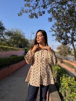 Anastay Clothing - Geometric Printed Beige Bell Sleeves Shirt