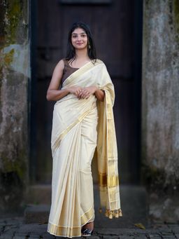 I LOVE SAREES - Kerala Kasavu Gold Border Saree with Unstitched Blouse