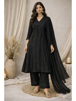 SUTRA CLOTHING - Black Cotton Embroidered Kurta with Palazzo and Dupatta