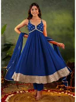 Kasya - Blue Viscose Rayon Embroidered Anarkali Kurta with Churidar and Dupatta