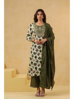 SAVI - Green Cotton Embroidered Kurta with Pant and Dupatta