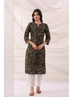 SAVI - Green Cotton Floral Straight Kurta
