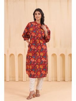 SAVI - Red Cotton Floral Straight Kurta