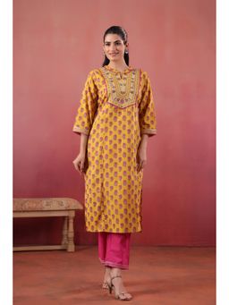SAVI - Yellow Cotton Embroidered Kurta with Pant