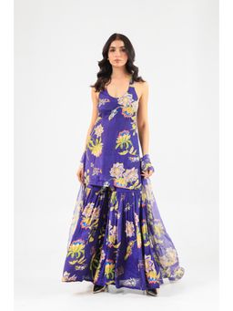 Amrood - Deep Blue Floral Halter Kurta Sharara Set With Organza Dupatta