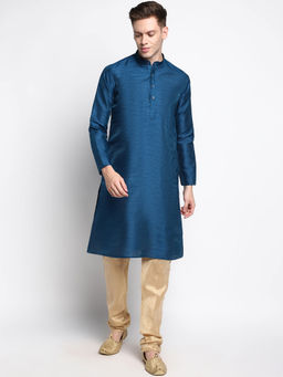 Devoiler - Men Plain Navy Blue Silk Kurta