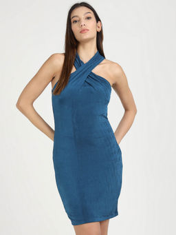 Guess - Blue Polyester Blend Solid Bodycon Mini Dress