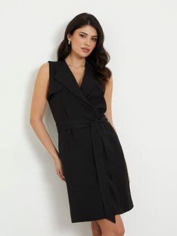 Guess - Black Polyester Solid A-Line Mini Dress with Belt (Set of 2)