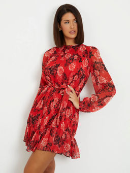 Guess - Red Polyester Printed Mini Dress with Belt (Set of 2)