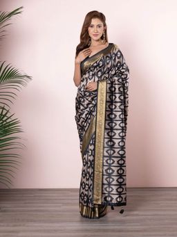 Beatitude - Black Cream-Coloured Woven Design Zari Silk Blend Saree with Unstitched Blouse