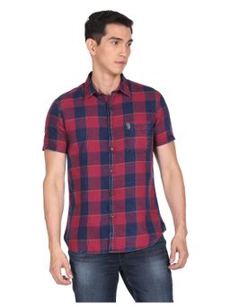 U.S. POLO ASSN. - Men Blue And Red Short Sleeve Check Casual Shirt