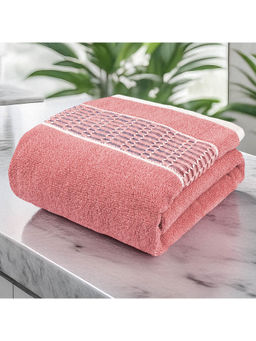 Story@Home - 400 Gsm Cotton Bath Towel Peach, Solid/Geometric Border