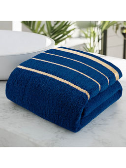 Story@Home - 400 Gsm Cotton Terry Bath Towel, Peacock Blue, Solid with Striped Border