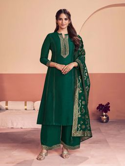 Seerat - Green Embroidery A-Line Kurta With Dyed Palazzo & Jacquard Dupatta