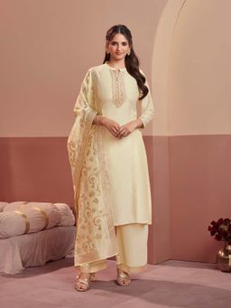 Seerat - Off-White Embroidery A-Line Kurta With Dyed Palazzo & Jacquard Dupatta
