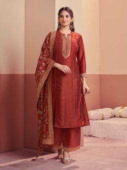 Seerat - Rust Embroidery A-Line Kurta With Dyed Palazzo & Jacquard Dupatta