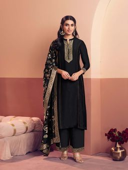 Seerat - Black Embroidery A-Line Kurta With Dyed Palazzo & Jacquard Dupatta
