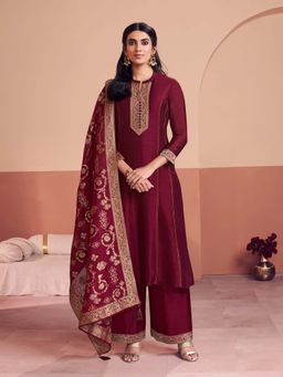 Seerat - Maroon Embroidery A-Line Kurta With Dyed Palazzo & Jacquard Dupatta