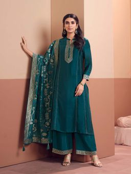 Seerat - Teal Embroidery A-Line Kurta With Dyed Palazzo & Jacquard Dupatta