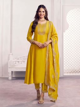 Seerat - Yellow Embroidery A-Line Anarkali Kurta with Pant and Dupatta