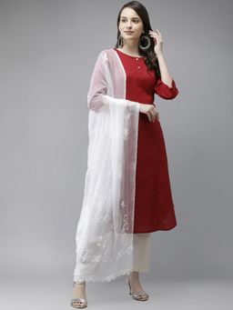 ADA - Hand Embroidered White Chiffon Lucknowi Chikankari Dupatta [A511181]