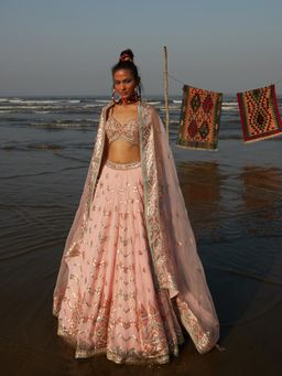 Gopi Vaid - Pink Layla Panelled Lehenga Cape (Set of 3)