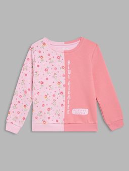 Blue Giraffe - Girls Pink Printed Round Neck Full Sleeves Pullover Style Sweatshirt