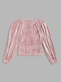 Blue Giraffe - Girls Peach Self Design Round Neck Full Sleeves Pullover Style Sweatshirt