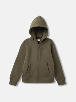 GANT - Boys Green Solid Hooded Full Sleeves Zip Through Hooded Sweatshirt