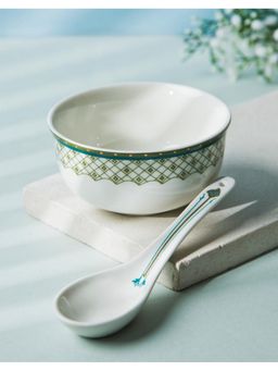 Fabindia - Green Barkha Ceramic Soup Bowl With Spoon