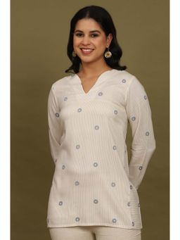 W - Beige Stripes Rayon Straight Top In Curved Neck