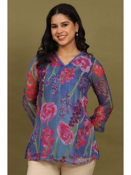 W - Blue Floral Printed Chiffon Gathered Top