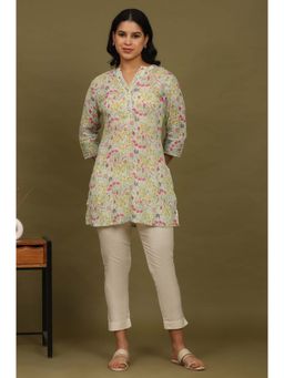 W - Light Blue Floral Printed Cotton Crepe Tunic with Lace