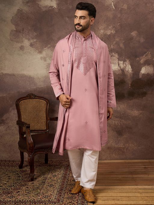 ETHNIC BAY Men Pink Silk Blend Embroidered Straight Kurta Pant with Dupatta