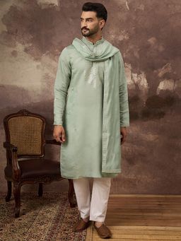 ETHNIC BAY - Men Green Silk Blend Embroidered Straight Kurta Pant with Dupatta