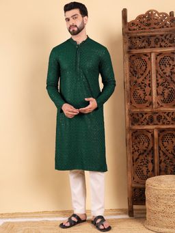 ETHNIC BAY - Men Green Viscose Rayon Embroidered Straight Kurta with Pant