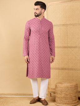 ETHNIC BAY - Men Mauve Viscose Rayon Embroidered Straight Kurta with Pant
