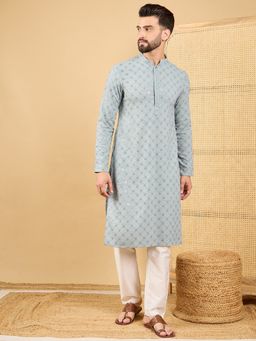 ETHNIC BAY - Men Blue Viscose Rayon Embroidered Straight Kurta with Pant