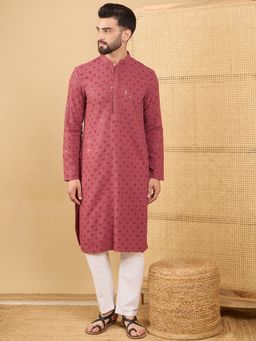 ETHNIC BAY - Men Mauve Viscose Rayon Embroidered Straight Kurta with Pant