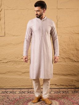 ETHNIC BAY - Men Lavender Viscose Rayon Embroidered Straight Kurta with Pant