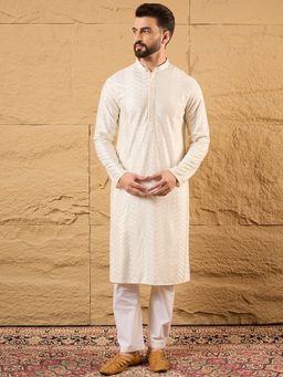ETHNIC BAY - Men Off White Viscose Rayon Embroidered Straight Kurta with Pant